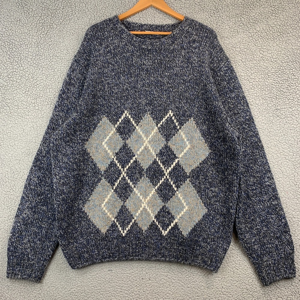 Gran Sasso Wool Cashmere Blend Argyle Sweater Blue Gray White Mens Size 3XL